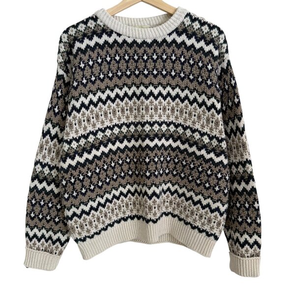 Vintage Eddie Bauer Mens Fair Isle Chunky Knit Sweater Beige M Winter Nordic - Picture 1 of 4